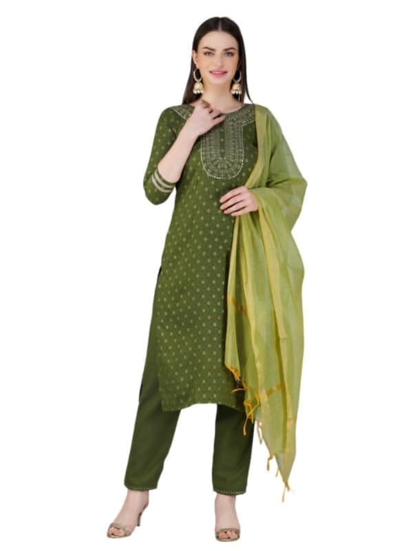 Women's Casual 3-4 th Sleeve Embroidery Cotton Kurti Pant Dupatta Set (Green, XL)-PID50243
