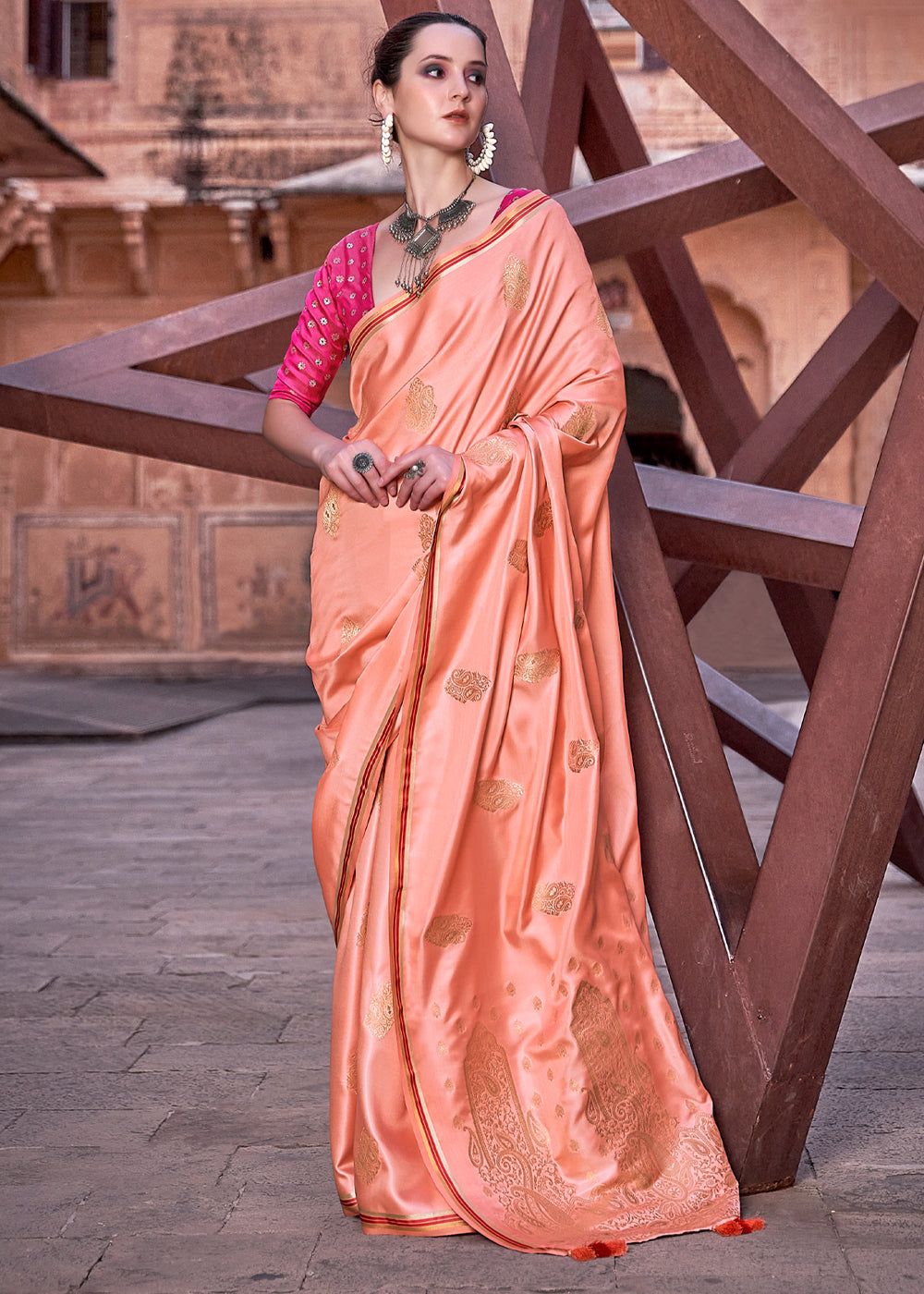 Gajari Peach Woven Satin Silk Saree With Contrast Brocade Blouse