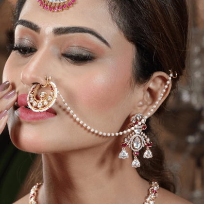 Gold Plated Kundan Nose Ring with Chain