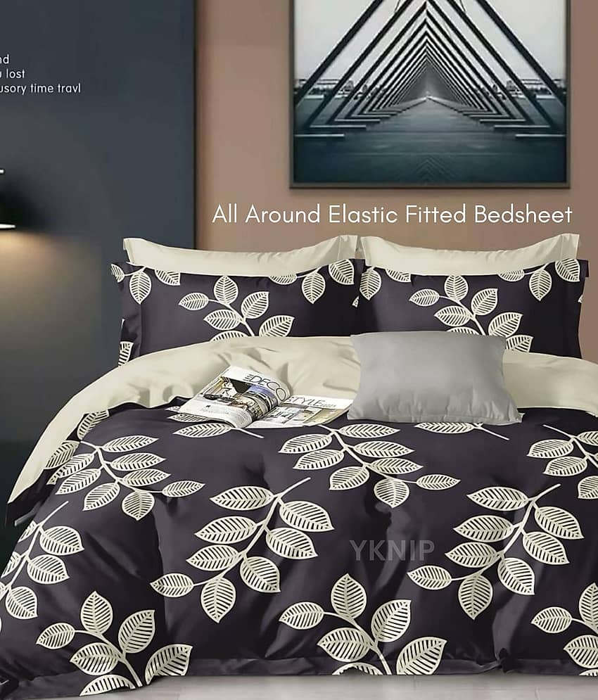 YKNIP Cotton Floral Printed Fitted 1 Bedsheet with 2 Pillow Covers ( King Size ) - Purple