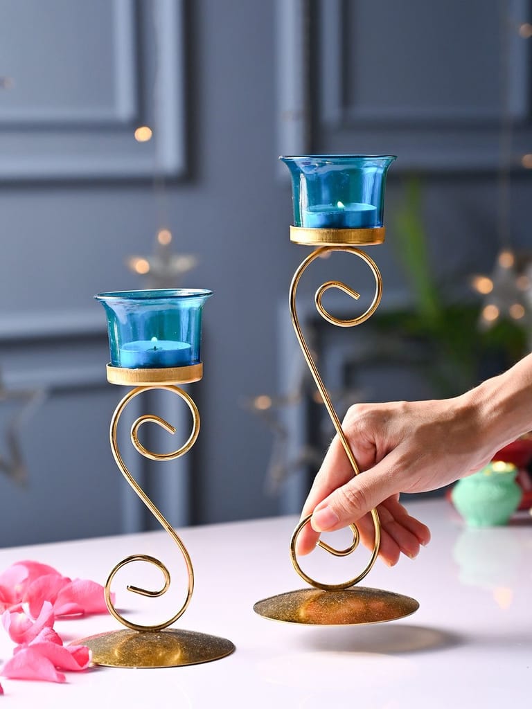 Decorative Gold Metal & Blue Glass Tealight Candle Holders Set