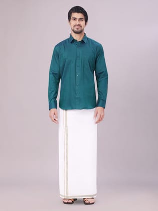 Mens Teal Green Shirt with Matching Border Dhoti Combo Pinto-36 / green / F/S