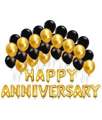 Pixelfox Happy Anniversary Foil Letters Balloons (Golden) + Pack of 30 Party Decoration Balloons(Black, Gold)