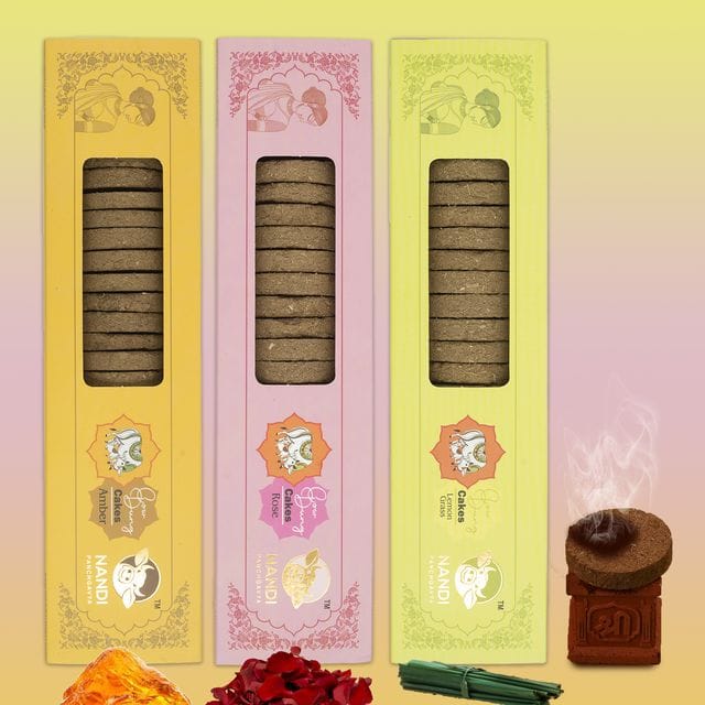 Nandi Panchgavya 100 Percent Desi Cow Dung Cake Kande (63 Pcs) (Amber, Rose, Lemongrass Fragrance-Pack of 3)