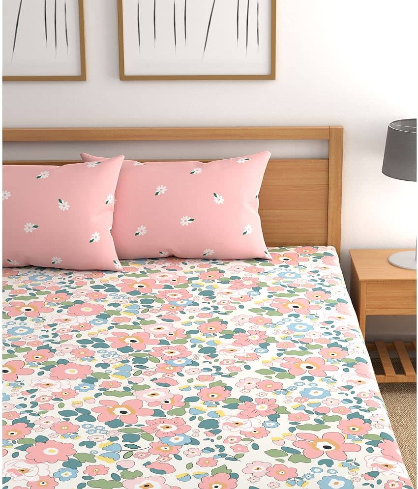 CG HOMES Microfibre Floral Fitted Fitted bedsheet with 2 Pillow Covers ( Double Bed ) - Pink