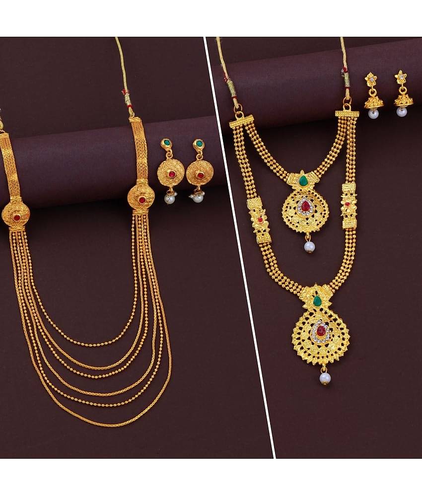 ShreejiHuf Alloy Golden Traditional Necklaces Set Long Haram