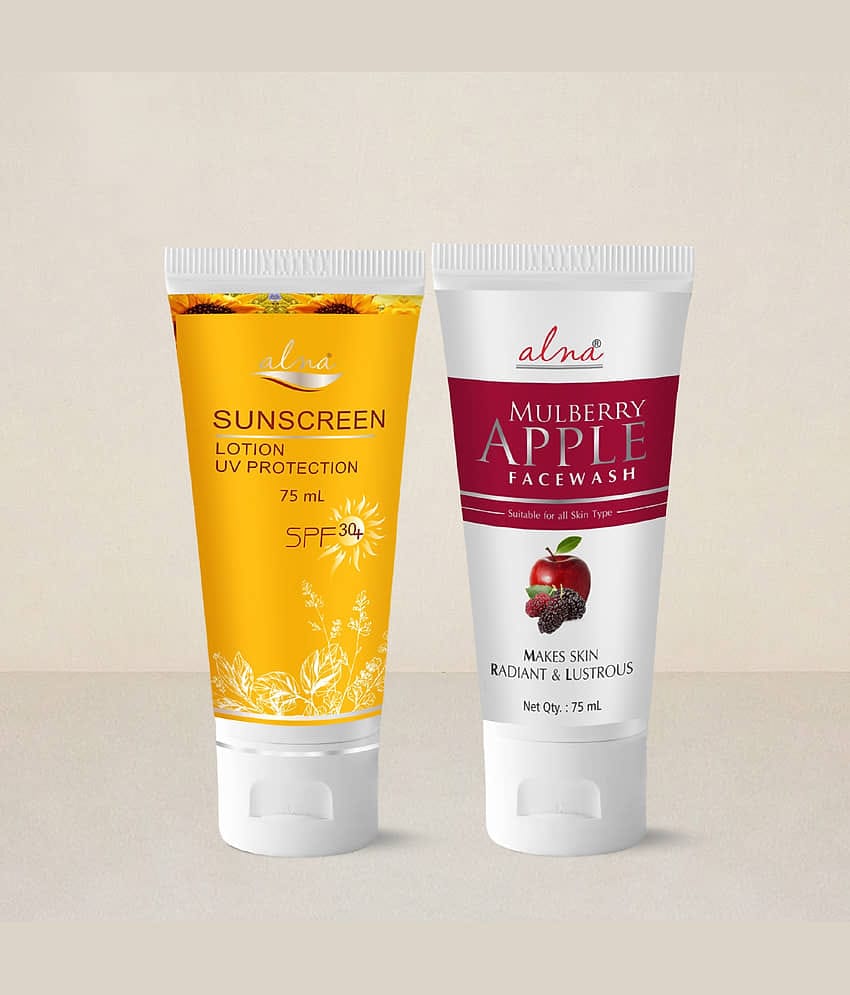 Alna Sunscreen Lotion SPF 30+ with Mulberry Apple Face Wash 75ml Each , Pack of 2