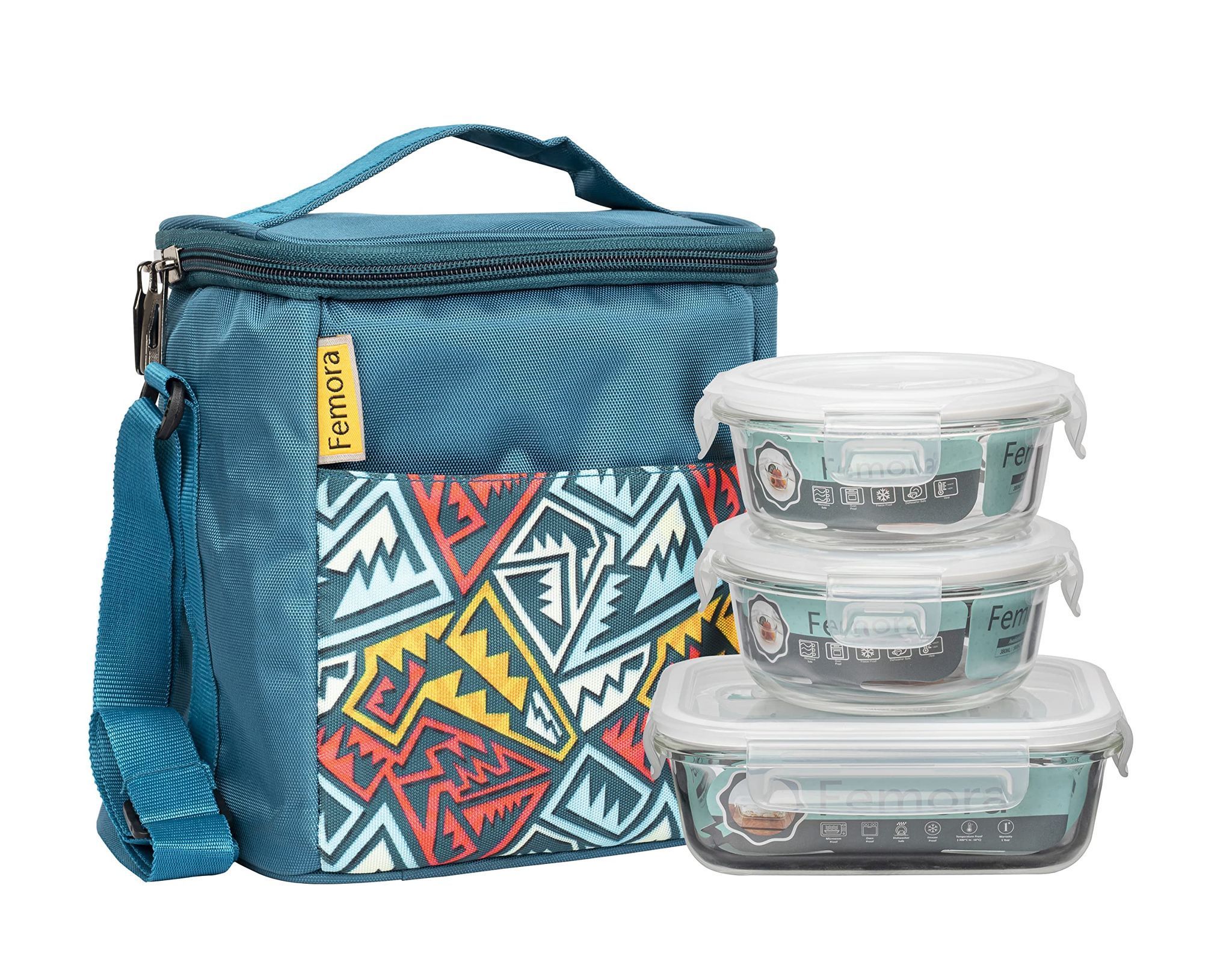 Femora Borosilicate Glass Microwave Safe Container Multipurpose Lunch Box for Office, Blue, Round-380 ml (2 Container), Rectangle-620 ml (1 Container)