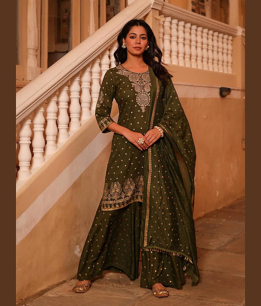 Juniper Rayon Printed Kurti With Pants Women's Stitched Salwar Suit - Olive ( Pack of 3 )