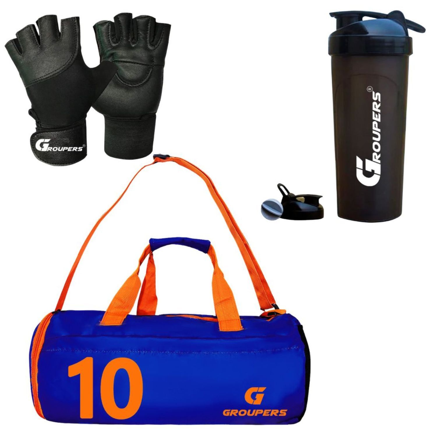 GROUPERS Combo Set of Duffle Polyester Bag with Shaker Bottle-700ml & GloveslSports & Travel Bag (Blue 10)