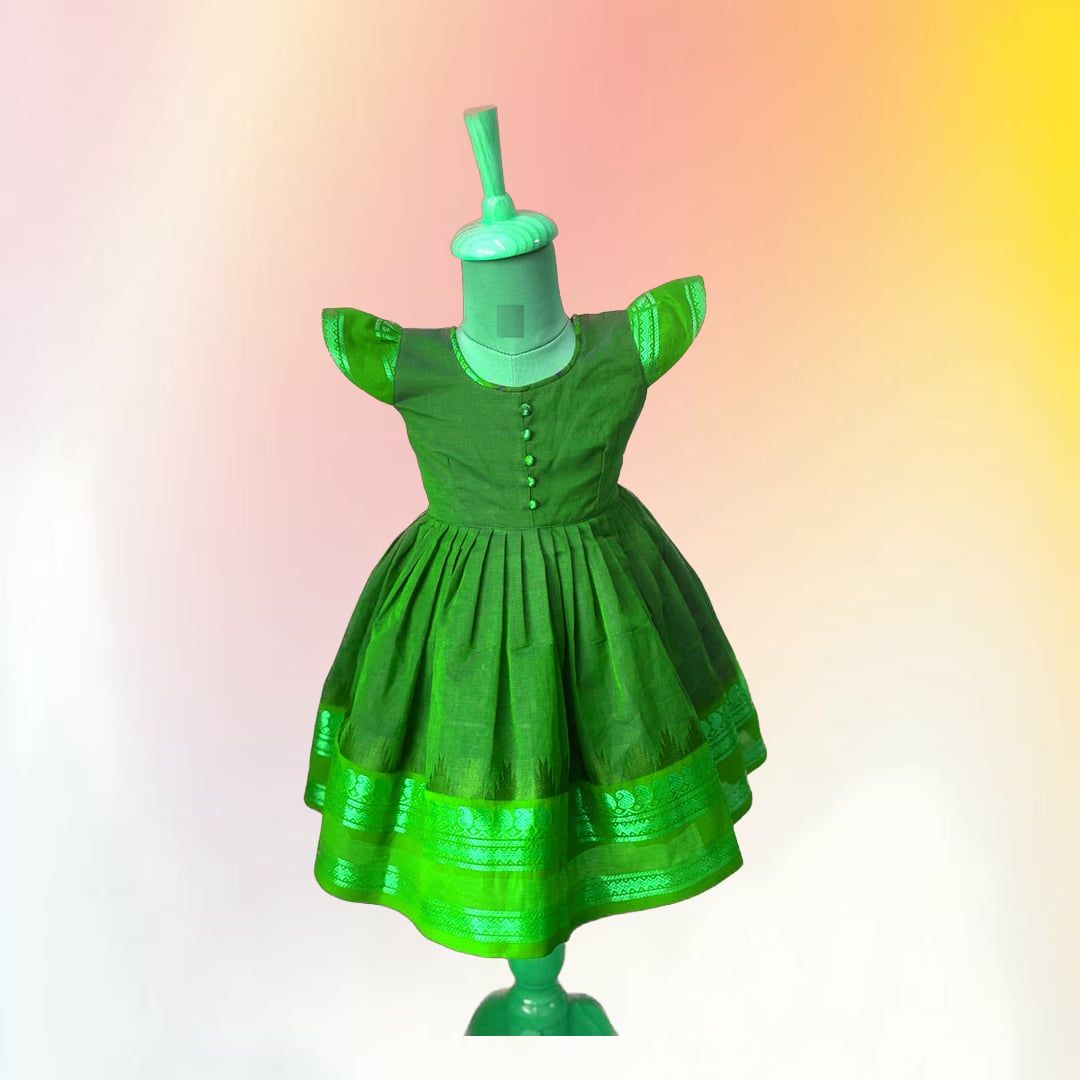 Traditional Green Silk Blend Pleated Frock for Girls | Festive Ethnic Wear | Party & Occasion