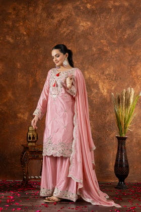 Designer Party Wear Look Pure Chinon Silk Top Plazzo & Dupatta Set