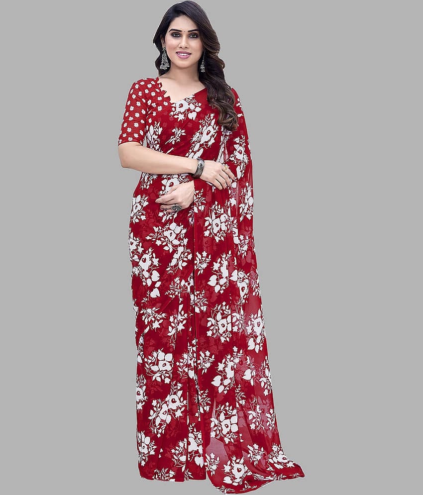 ANAND SAREES Georgette Printed Saree With Unstitched Blouse Piece ( Red )