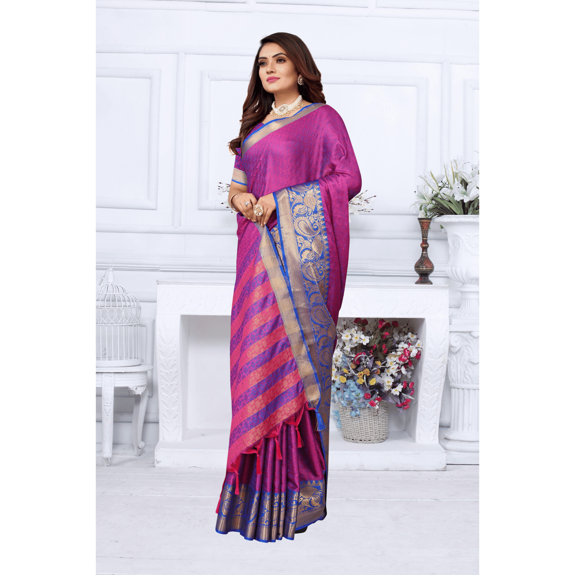 TheHangr Purple With Blue Border Silk And Cotton Jacquard Saree With Silk And Cotton Blouse Piece