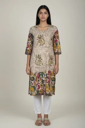 Kalamkari Print Cotton Kurti Cream Yellow Green Kalamkari Print Cotton Kurti Cream Yellow Green