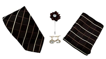 VOICI France Men's Checkered self-design necktie pocket square and cufflink combo gift set Brown Gold color free size - Black and brown set