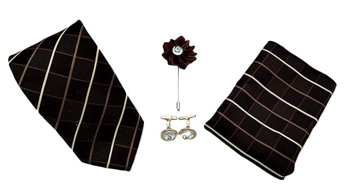 VOICI France Men's Checkered self-design necktie pocket square and cufflink combo gift set Brown Gold color free size - Black and brown set
