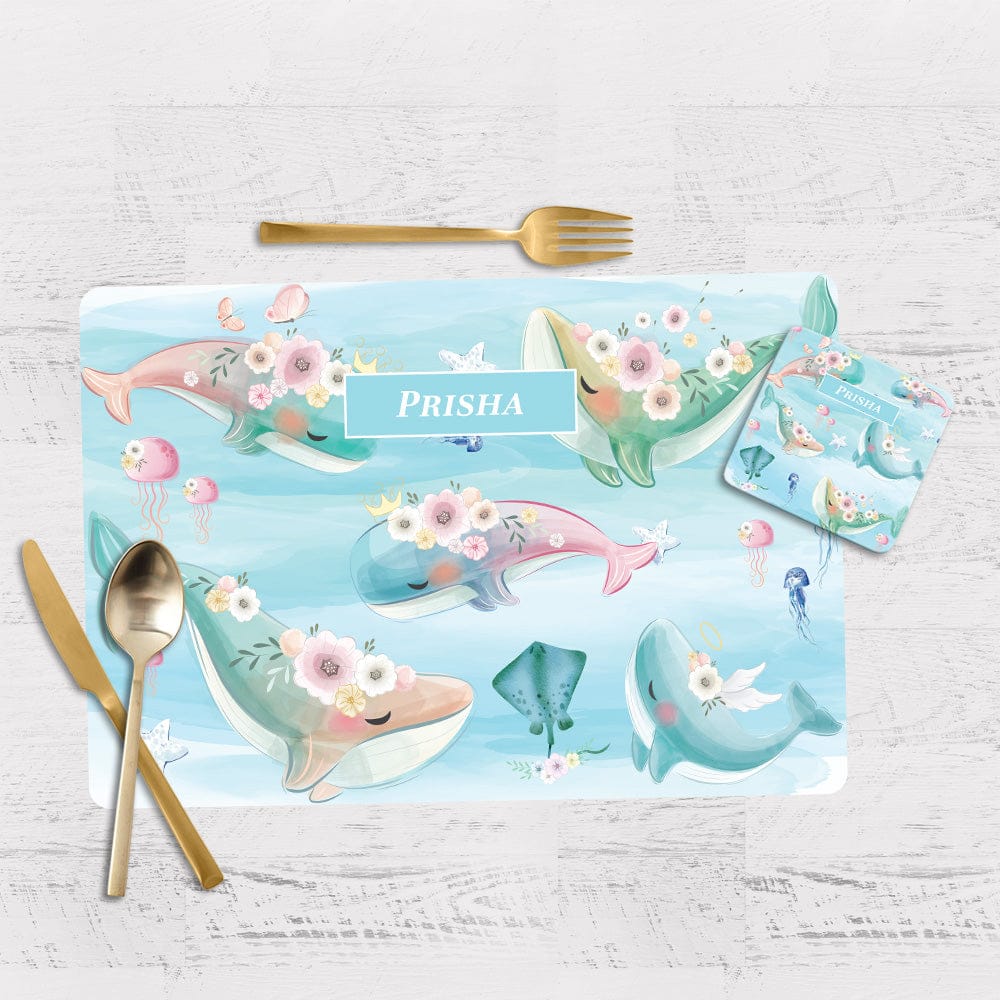 Floral Whales Tableware Set (kids)-Blue Watercolor / Flexible (matte finish) PVC Mats