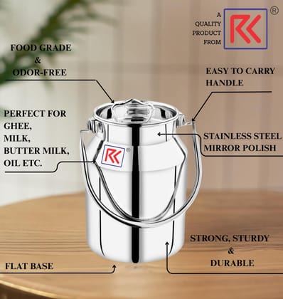 RK Stainless Steel Akhand Jointless Milk Can/Oil Can with Lid Capacity | Multipurpose Barni for Milk, Oil, Ghee Storage Silver Finish RK Stainless Steel Akhand Jointless Milk Can/Oil Can with Lid Capacity | Multipurpose Barni for Milk, Oil, Ghee Storage Silver Finish
