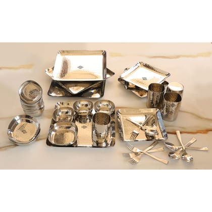 Stainless Steel Hammered 36 Pcs Rectangular shape Dinnerware Set, Serveware Tableware, Dinnerware for Home and Restaurants-Silver