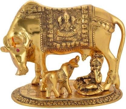 Dreamkraft Oxidised Gold Finished Kamdhenu Cow & Calf Figurine Idol for Home Decorative/Office/Gifting/Pooja Like Brass and Metal Showpiece Statue (Gold)