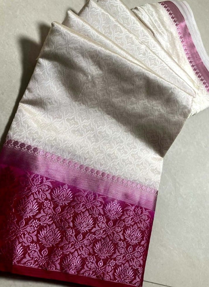 Women's Kanjivaram Silk Saree with Unstitched Blouse Piece (White, 5-6 Mtrs)