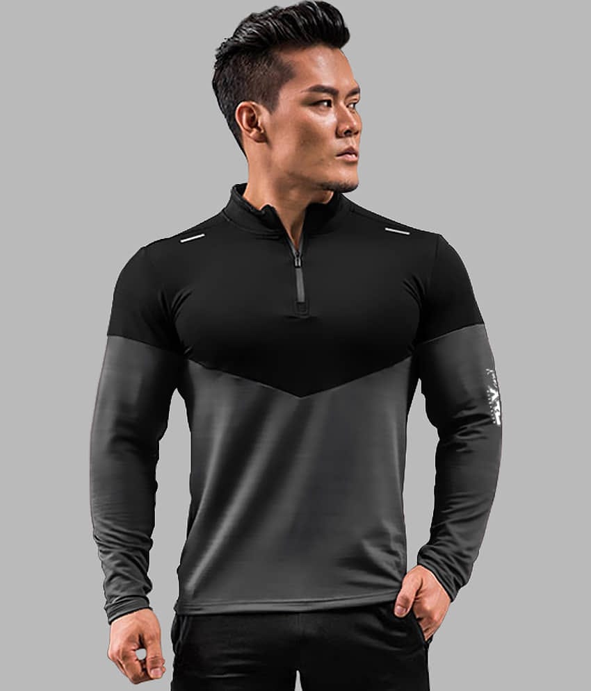 Eyebogler Polyester Slim Fit Colorblock Full Sleeves Men's High Neck T-Shirt - Black ( Pack of 1 )