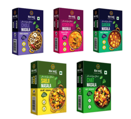 Richie Spices Chole Masala, Kitchen King Masala, Garam Masala Powder, Sabji Masala & Chat Masala, 100 gm Each - Pack of 5