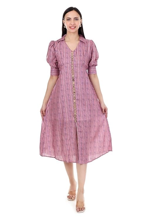MR ANDERSONS Women’s Striped Midi Dress Puff Sleeve Button Down Fit and Flare