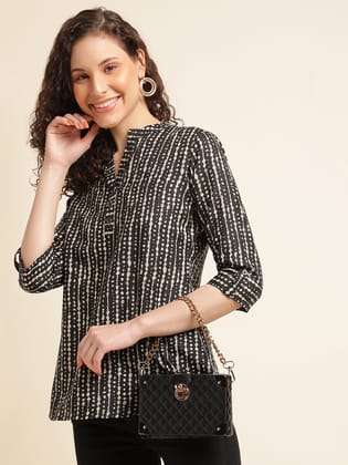 Black Printed Straight Cotton Blend Top-XS
