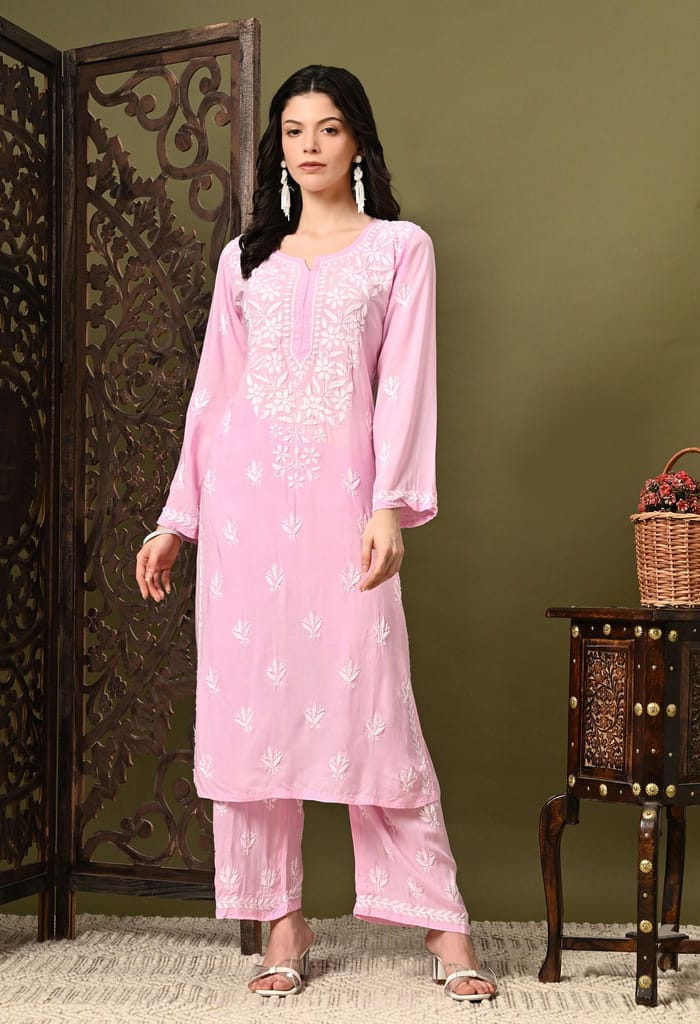 Pure Modal Heavy Bota Pattern hand embroidered Chikankari Kurta Set -Baby Pink