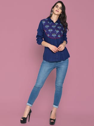 Blue Navy Blue Shirt With Printed Yoke-M