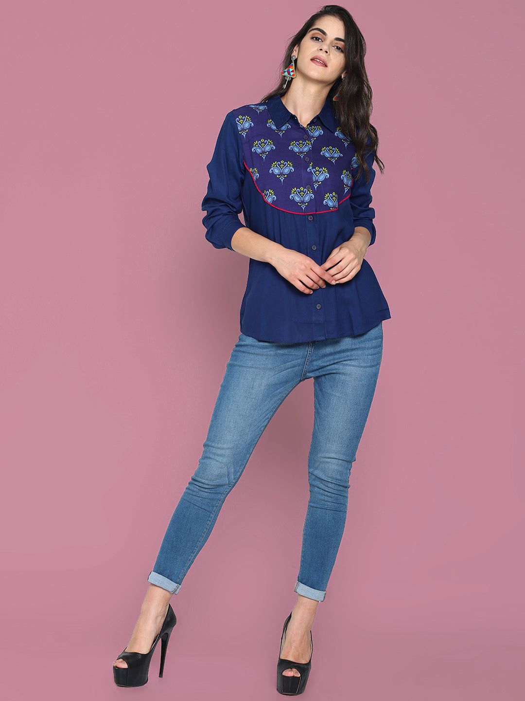 Blue Navy Blue Shirt With Printed Yoke-M