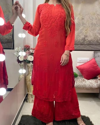 Rayon Chain Stitch Thread work Kurti Palazzo-Free Size ( 38-44 ) / Red