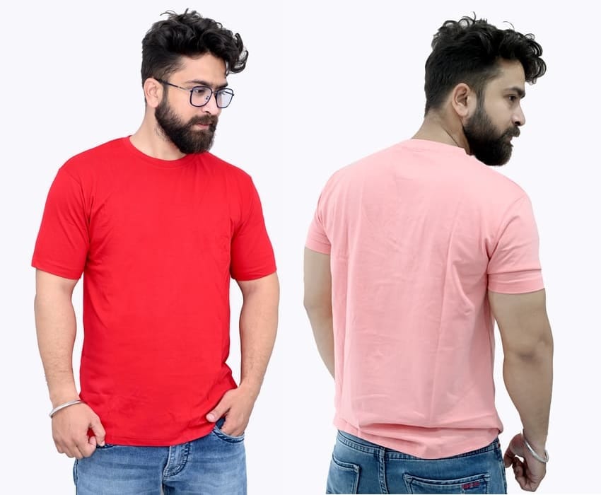 Tru Threads Solid Premium T-Shirt 2 Pcs Combo - Red, Peach (Size - L)
