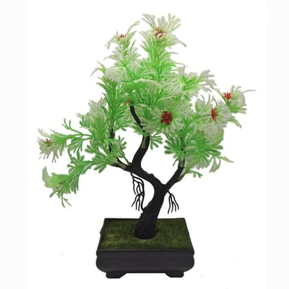 FOLIYAJ Y Shaped Artificial Bonsai Tree with Green and White Leaves and Red Flowers