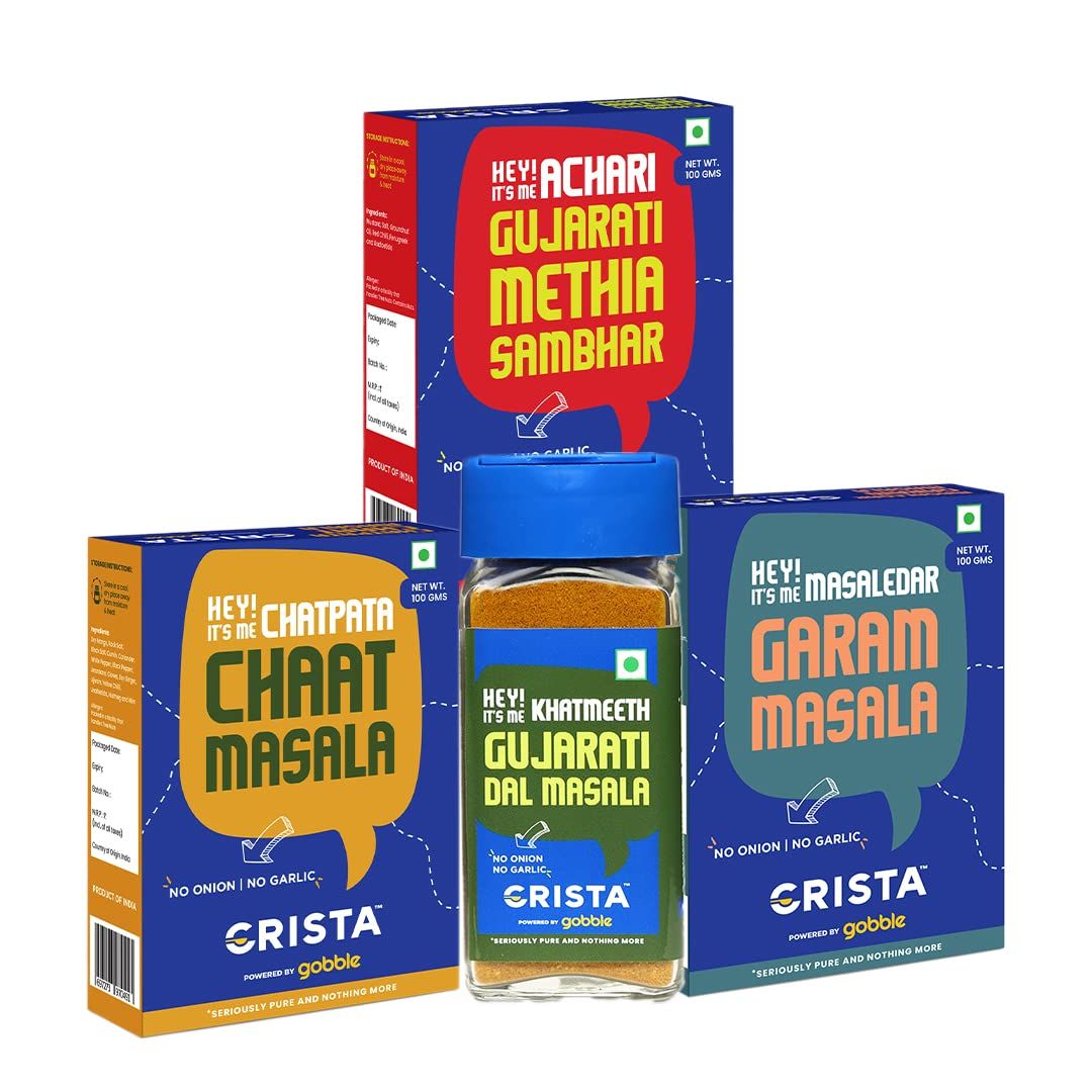 CRISTA Gujarati Cuisine Seasonings Combo Pack (Gujarati Dal 50 gm, Gujarati Methia Sambhar 100 gm, Garam Masala 100 gm & Chaat Masala 100 gm) - Pack of 4