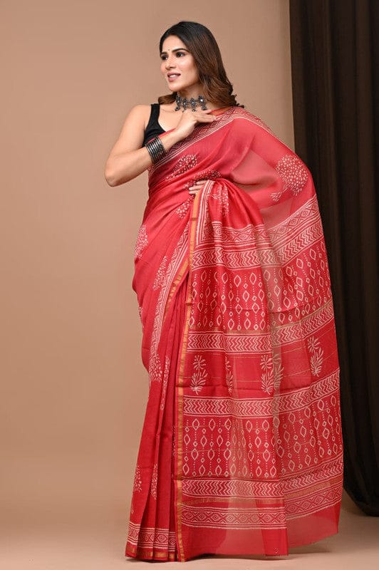 CHANDERI SILK BAGRU PRINT SAREE WITH ZARI BORDER