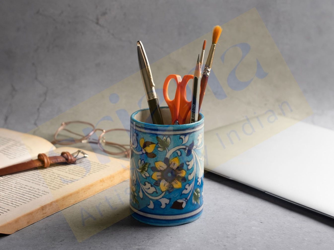 Handcrafted Blue Pottery Pen Stand