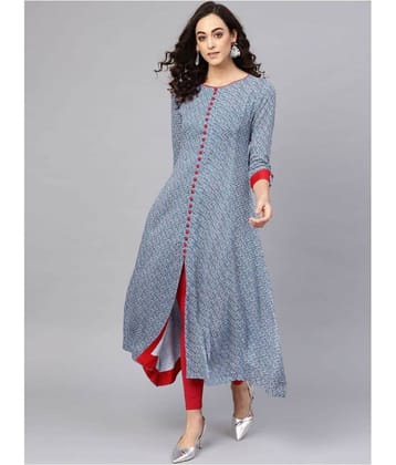 Yash Gallery Pack of 1 Rayon Printed Front Slit Women's Kurti - ( Blue )