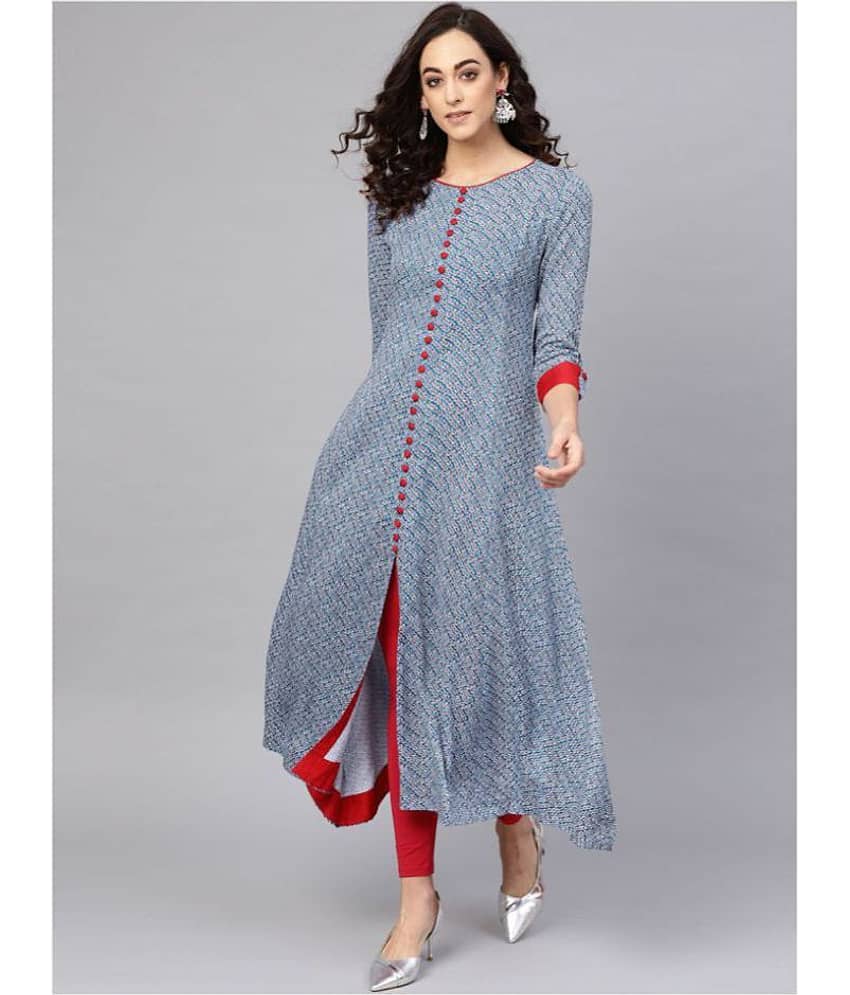Yash Gallery Pack of 1 Rayon Printed Front Slit Women's Kurti - ( Blue )