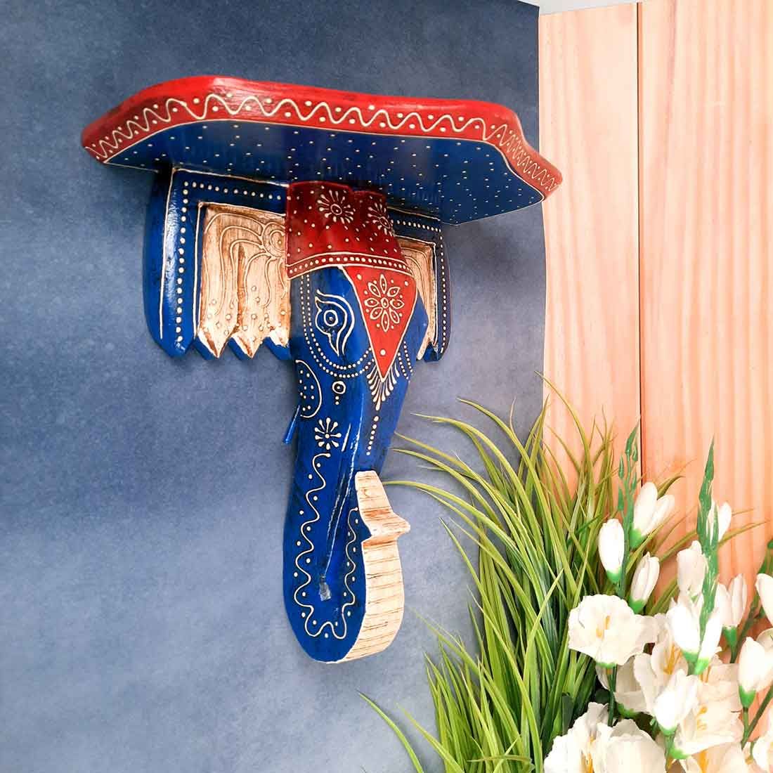 Wall Shelf Stands - Elephant Head Design | Wooden Shelves Hanging For Keeping Showpieces, Small Plants, Tea Lights | Wall Stand Brackets - For Home, Living Room, Wall Decor & Gifts - 12 Inch