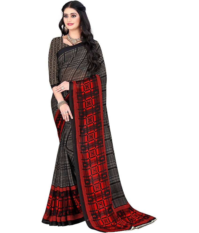 LEELAVATI Georgette Printed Saree With Unstitched Blouse Piece ( Black )