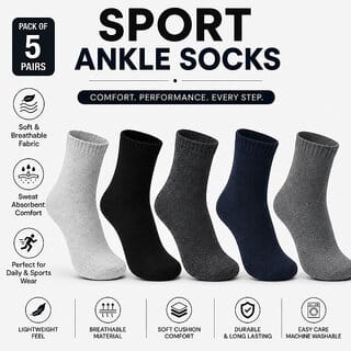 SANGCHAI 170526 PACK 5  Men Sports Ankle Socks Cotton Breathable Sweat Absorbent Daily Wear Socks for Men
