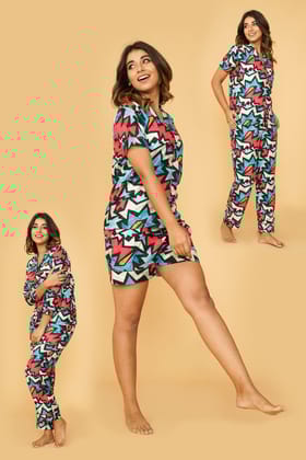 Abstract Pattern Combo Night Wear (Set of 2)-S / Multicolor / Rayon Blend