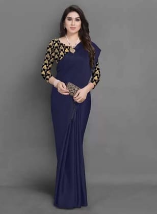 ANSH Womens Satin Solid Saree length (5.5m) & Blouse Piece Size (0.8m) (Dark Blue)