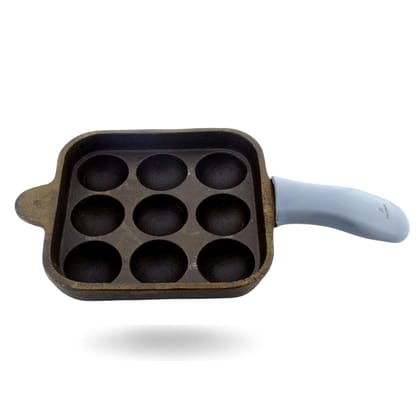 TRILONIUM Cast Iron Paniyarakal | Paniyaram Pan | 9 Pits | ButterMold | Long Handle | with Heat Proof Silicone Sleeve | Induction Compatible