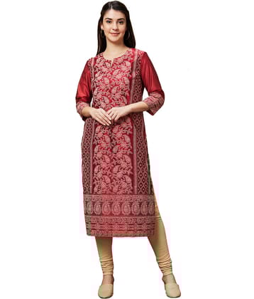 Globus Polyester Embroidered Straight Women's Kurti - Maroon ( Pack of 1 )