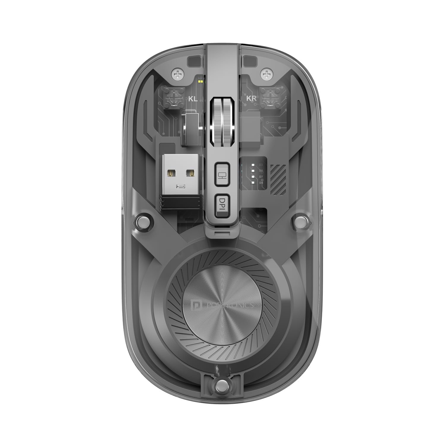 Portronics Toad 8 Transparent Wireless Bluetooth Mouse with Dual Wireless (BT plus 2.4 GHz), Rechargeable Battery, Noise-Free Clicking, Show by Hide Desktop, Multi-Device Pair, Adjust Sensitivity (Grey)