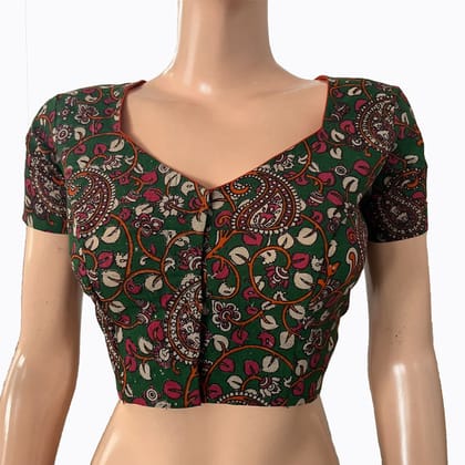 Kalamkari Cotton Sweetheart neck Blouse with Short Sleeves, Green,  BK1279-S